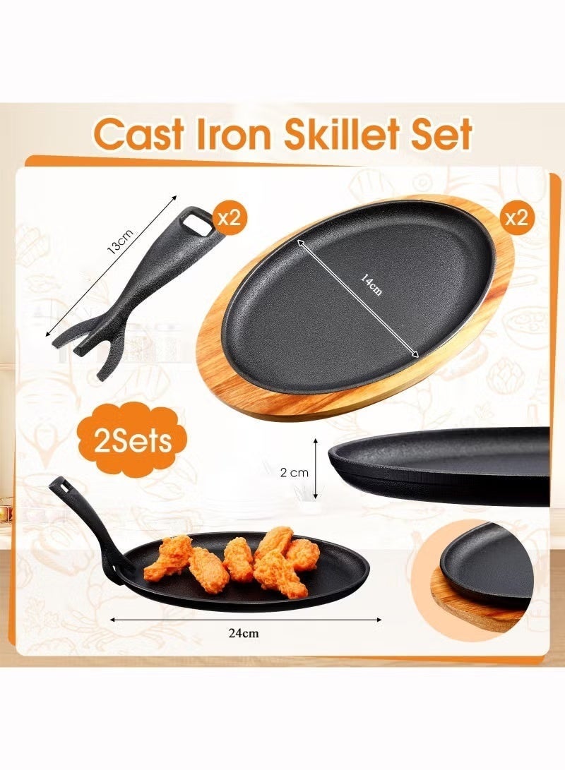 WALALLA 2 Sets Cast Iron Skillet Set, Fajita Plate Sizzling Pan with Wooden Base Anti Scald Protection Removable Handle for Restaurant Kitchen Cooking Accessory BBQ Party - Image 2